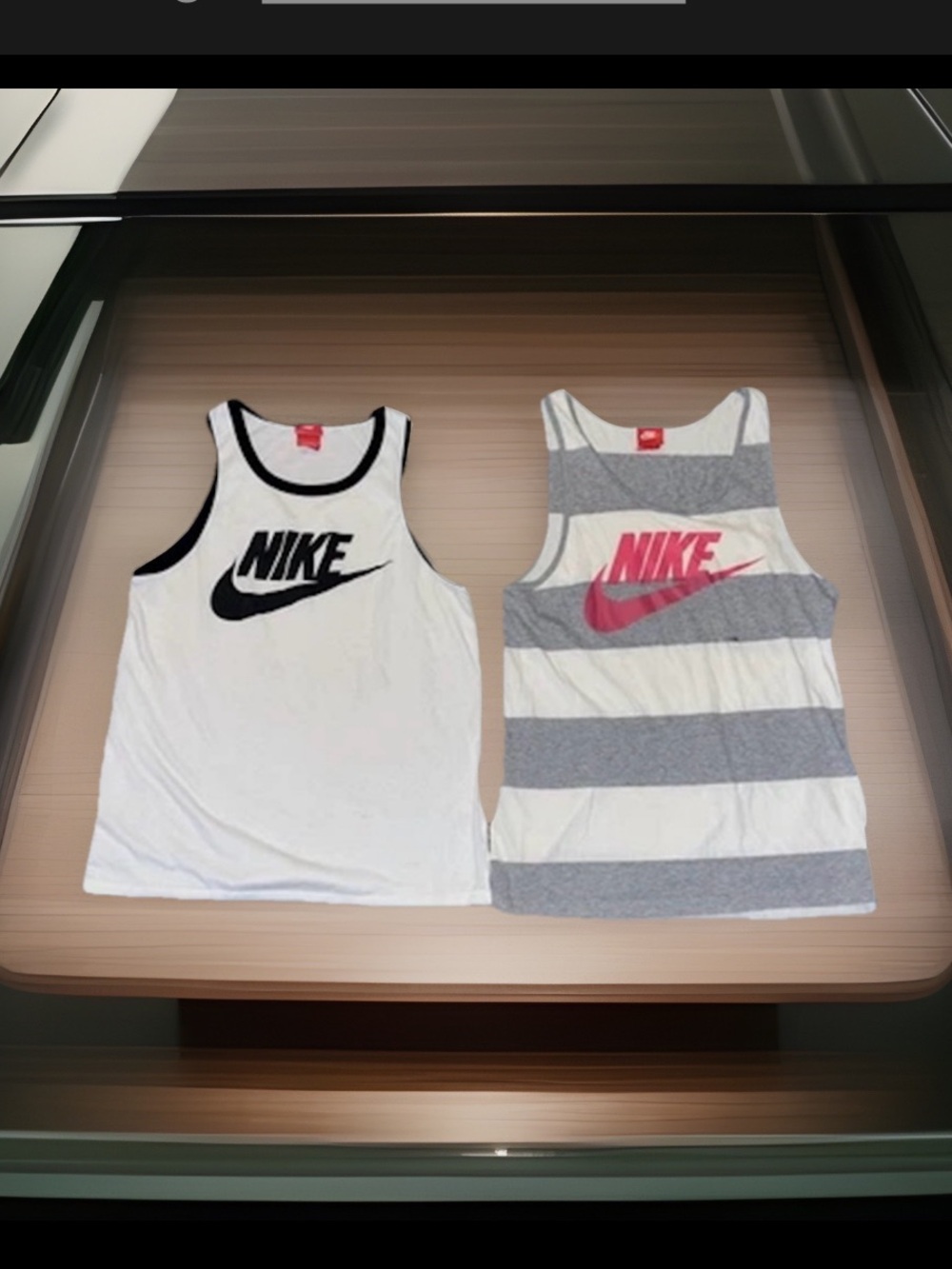 2- Vintage Nike Tank Tops 1-White W/Black Logo & Trim 2-White & Grey W/Pink Logo